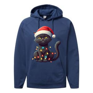 Funny Black Cat Santa Christmas Lights Cat Lover Kitty Xmas Meaningful Gift Performance Fleece Hoodie