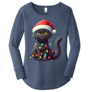 Funny Black Cat Santa Christmas Lights Cat Lover Kitty Xmas Meaningful Gift Women's Perfect Tri Tunic Long Sleeve Shirt