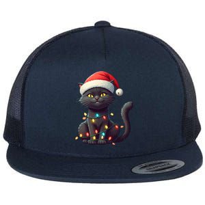 Funny Black Cat Santa Christmas Lights Cat Lover Kitty Xmas Meaningful Gift Flat Bill Trucker Hat