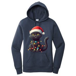 Funny Black Cat Santa Christmas Lights Cat Lover Kitty Xmas Meaningful Gift Women's Pullover Hoodie