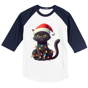 Funny Black Cat Santa Christmas Lights Cat Lover Kitty Xmas Meaningful Gift Baseball Sleeve Shirt