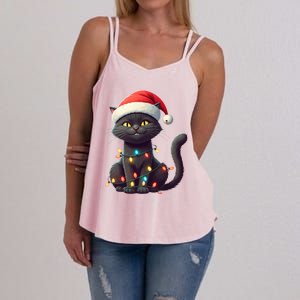 Funny Black Cat Santa Christmas Lights Cat Lover Kitty Xmas Meaningful Gift Women's Strappy Tank