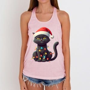 Funny Black Cat Santa Christmas Lights Cat Lover Kitty Xmas Meaningful Gift Women's Knotted Racerback Tank