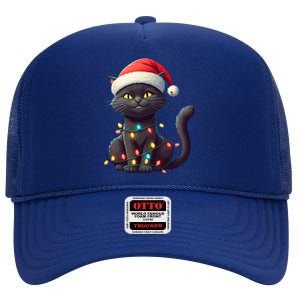 Funny Black Cat Santa Christmas Lights Cat Lover Kitty Xmas Meaningful Gift High Crown Mesh Back Trucker Hat