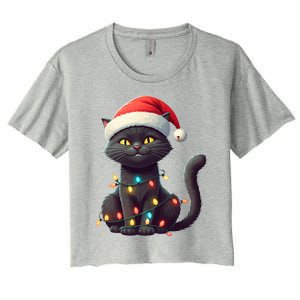 Funny Black Cat Santa Christmas Lights Cat Lover Kitty Xmas Meaningful Gift Women's Crop Top Tee