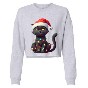 Funny Black Cat Santa Christmas Lights Cat Lover Kitty Xmas Meaningful Gift Cropped Pullover Crew