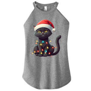 Funny Black Cat Santa Christmas Lights Cat Lover Kitty Xmas Meaningful Gift Women's Perfect Tri Rocker Tank