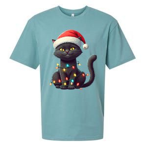 Funny Black Cat Santa Christmas Lights Cat Lover Kitty Xmas Meaningful Gift Sueded Cloud Jersey T-Shirt