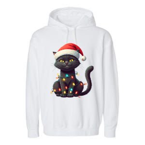 Funny Black Cat Santa Christmas Lights Cat Lover Kitty Xmas Meaningful Gift Garment-Dyed Fleece Hoodie