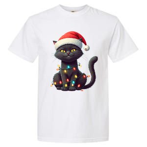 Funny Black Cat Santa Christmas Lights Cat Lover Kitty Xmas Meaningful Gift Garment-Dyed Heavyweight T-Shirt