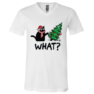 Funny Black Cat Gift Pushing Christmas Tree Over Cat What V-Neck T-Shirt