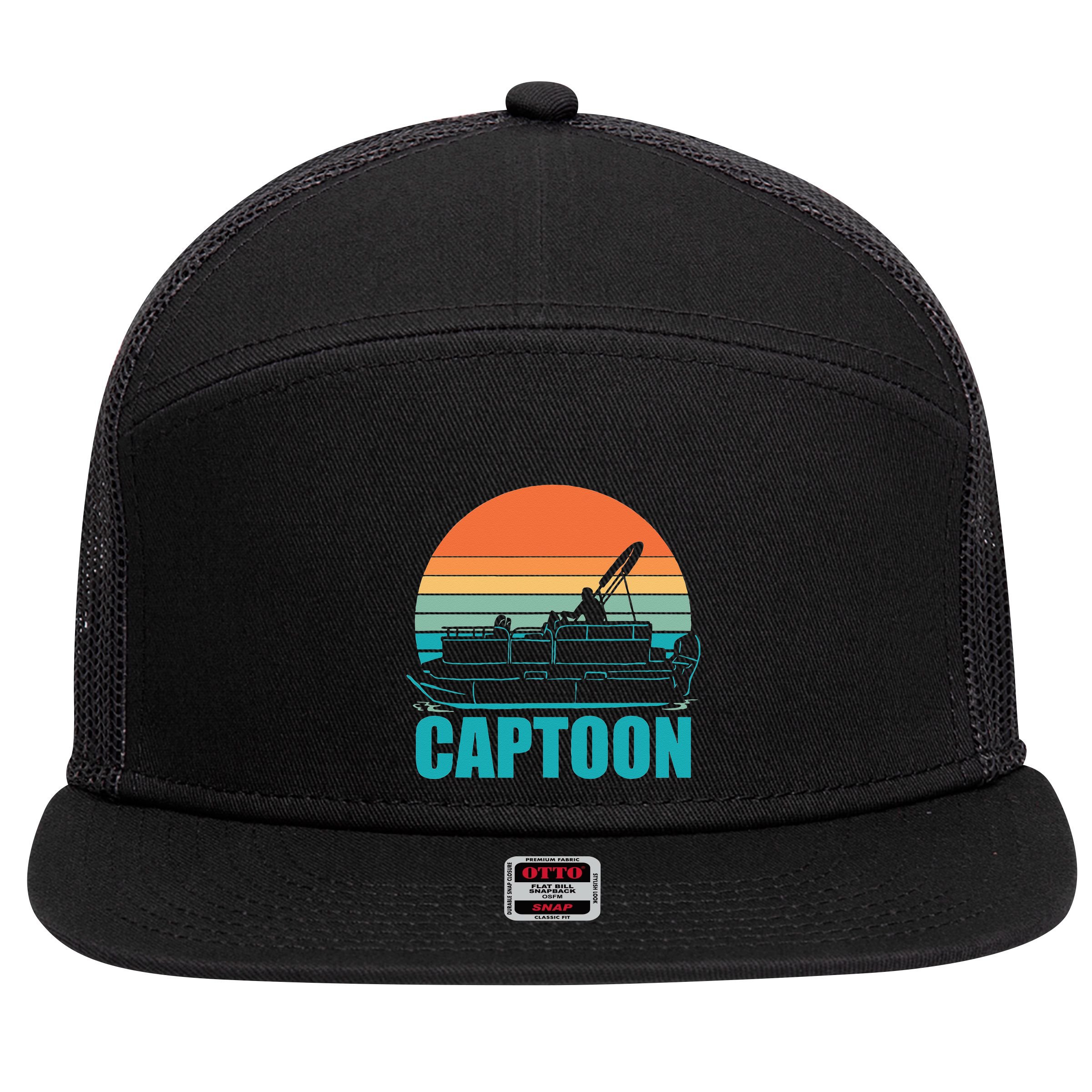 Funny Boating Captoon Pontoon Tritoon Captain Pontoon Boat 7 Panel Mesh Trucker Snapback Hat