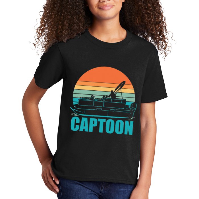 Funny Boating Captoon Pontoon Tritoon Captain Pontoon Boat Kids T-Shirt