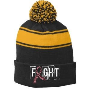 Fight Breast Cancer Awareness Leopard Ribbon Stripe Pom Pom Beanie