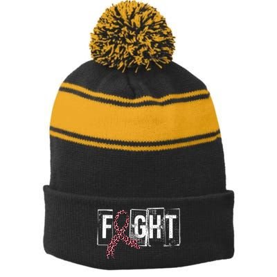 Fight Breast Cancer Awareness Leopard Ribbon Stripe Pom Pom Beanie