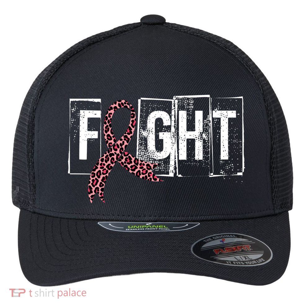 Fight Breast Cancer Awareness Leopard Ribbon Flexfit Unipanel Trucker Cap