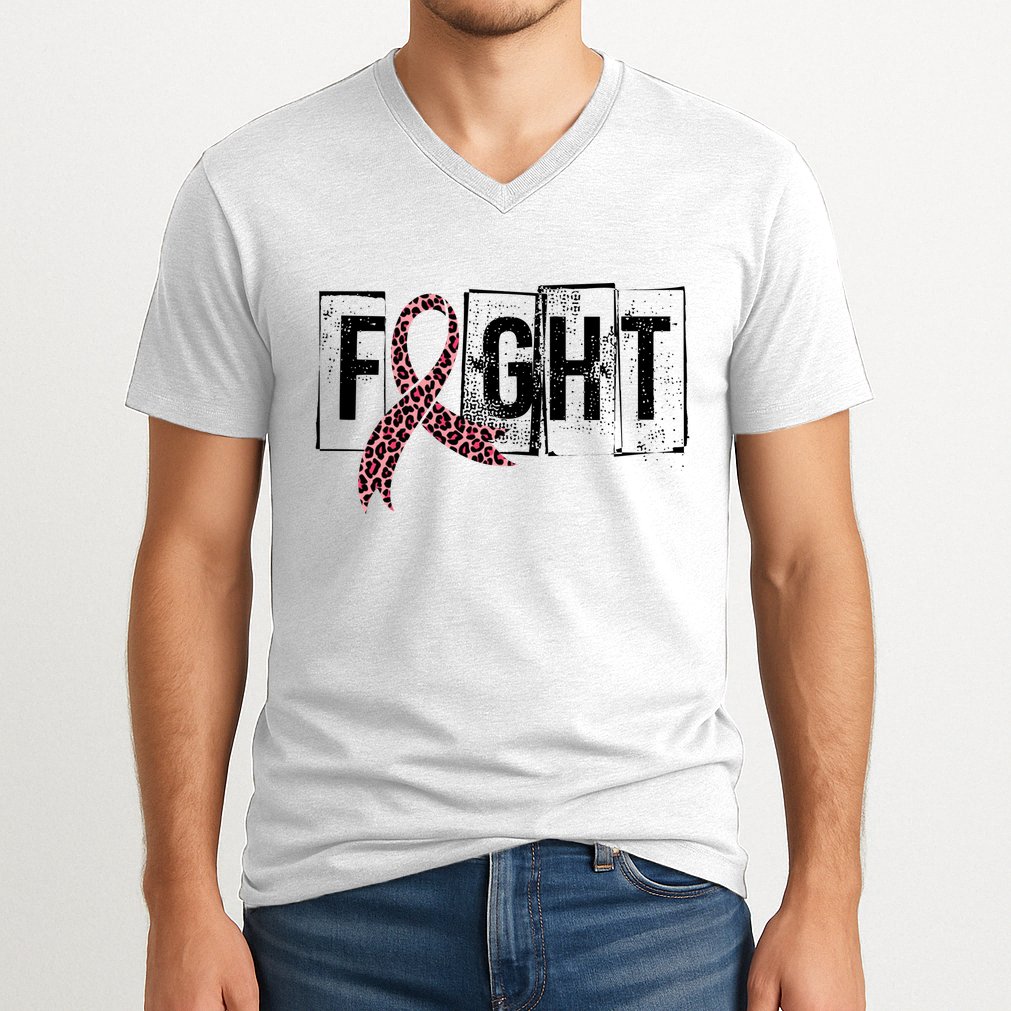 Fight Breast Cancer Awareness Leopard Ribbon V-Neck T-Shirt