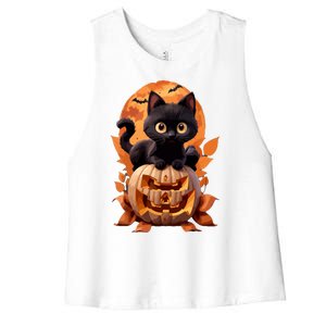 Funny Black Cat Halloween Pumpkin Cat Lover Gift Women's Racerback Cropped Tank