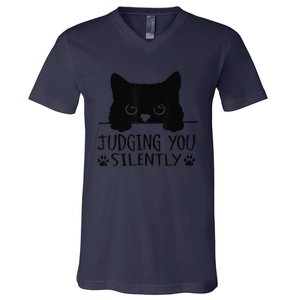 Funny Black Cat Judging You Silently Sarcastic Cat Mom V-Neck T-Shirt