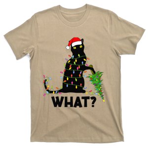 Funny Black Cat Pushing Christmas Tree Over Cat Christmas T-Shirt