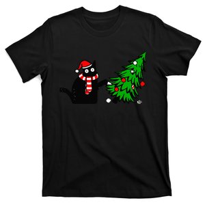 Funny Black Cat Gift Pushing Christmas Tree Over Cat What? T-Shirt