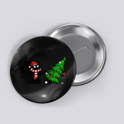 Funny Black Cat Gift Pushing Christmas Tree Over Cat What? Button