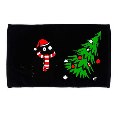 Funny Black Cat Gift Pushing Christmas Tree Over Cat What? Microfiber Hand Towel