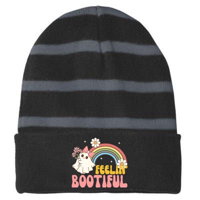 Feeling Bootiful Cute Retro Ghost Halloween Striped Beanie with Solid Band