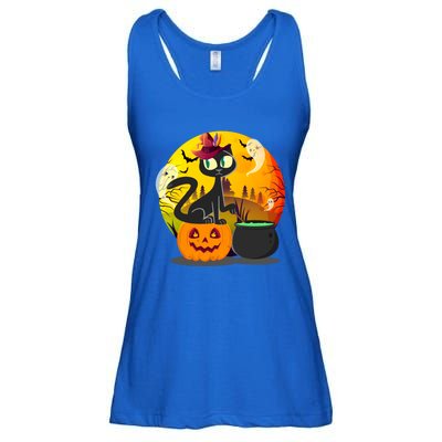 Funny Black Cat Full Moon With Witch Hat Halloween Costume Gift Ladies Essential Flowy Tank