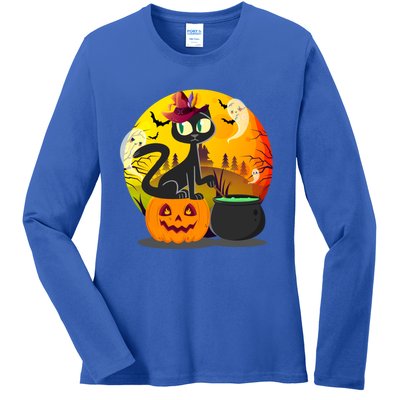 Funny Black Cat Full Moon With Witch Hat Halloween Costume Gift Ladies Long Sleeve Shirt