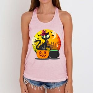 Funny Black Cat Full Moon With Witch Hat Halloween Costume Gift Women's Knotted Racerback Tank