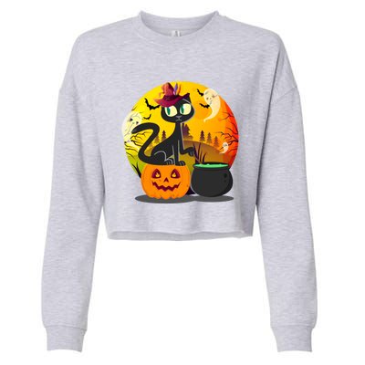 Funny Black Cat Full Moon With Witch Hat Halloween Costume Gift Cropped Pullover Crew