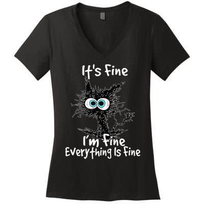 Funny Black Cat It's Fine I'm Fine Everything Is Fine Women's V-Neck T-Shirt