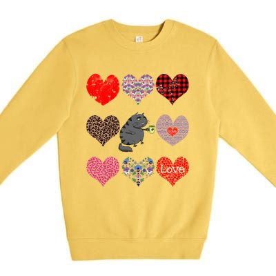 Funny Black Cat Hearts Pattern Coffee Lover Valentines Day Gift Premium Crewneck Sweatshirt