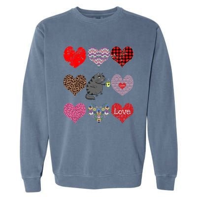 Funny Black Cat Hearts Pattern Coffee Lover Valentines Day Gift Garment-Dyed Sweatshirt