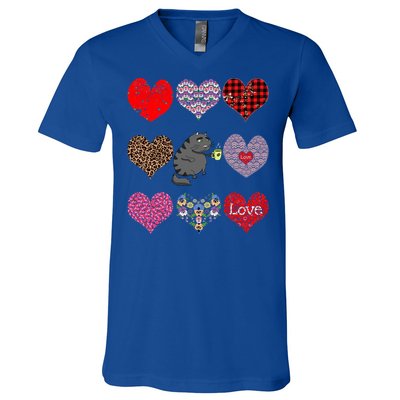 Funny Black Cat Hearts Pattern Coffee Lover Valentines Day Gift V-Neck T-Shirt