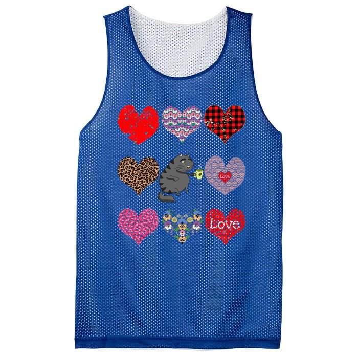 Funny Black Cat Hearts Pattern Coffee Lover Valentines Day Gift Mesh Reversible Basketball Jersey Tank