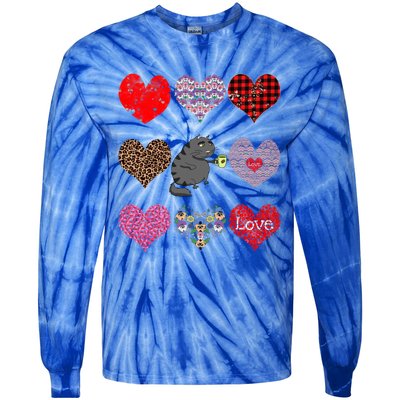 Funny Black Cat Hearts Pattern Coffee Lover Valentines Day Gift Tie-Dye Long Sleeve Shirt