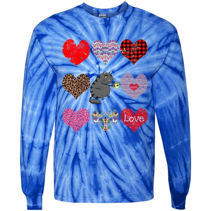 Funny Black Cat Hearts Pattern Coffee Lover Valentines Day Gift Tie-Dye Long Sleeve Shirt