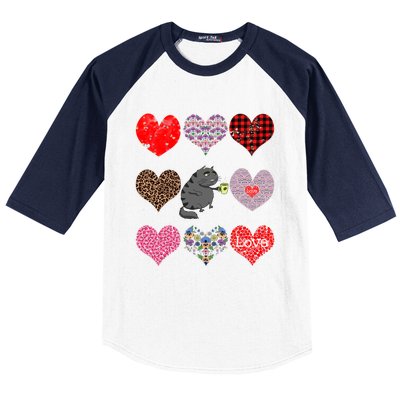 Funny Black Cat Hearts Pattern Coffee Lover Valentines Day Gift Baseball Sleeve Shirt