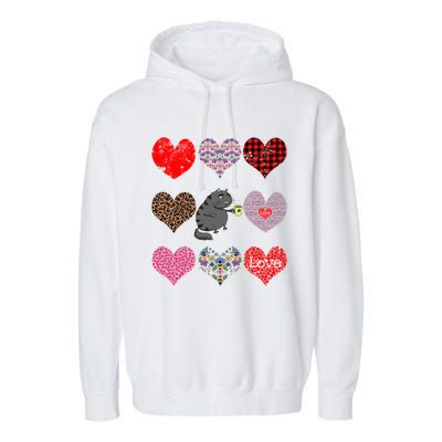 Funny Black Cat Hearts Pattern Coffee Lover Valentines Day Gift Garment-Dyed Fleece Hoodie