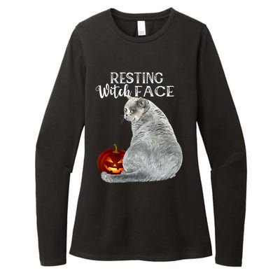 Funny Black Cat Resting Witch Face Halloween Costume Meaningful Gift Womens CVC Long Sleeve Shirt