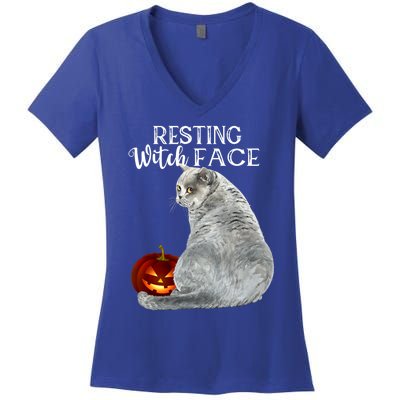 Funny Black Cat Resting Witch Face Halloween Costume Meaningful Gift Women's V-Neck T-Shirt