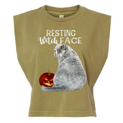 Funny Black Cat Resting Witch Face Halloween Costume Meaningful Gift Garment-Dyed Women's Muscle Tee