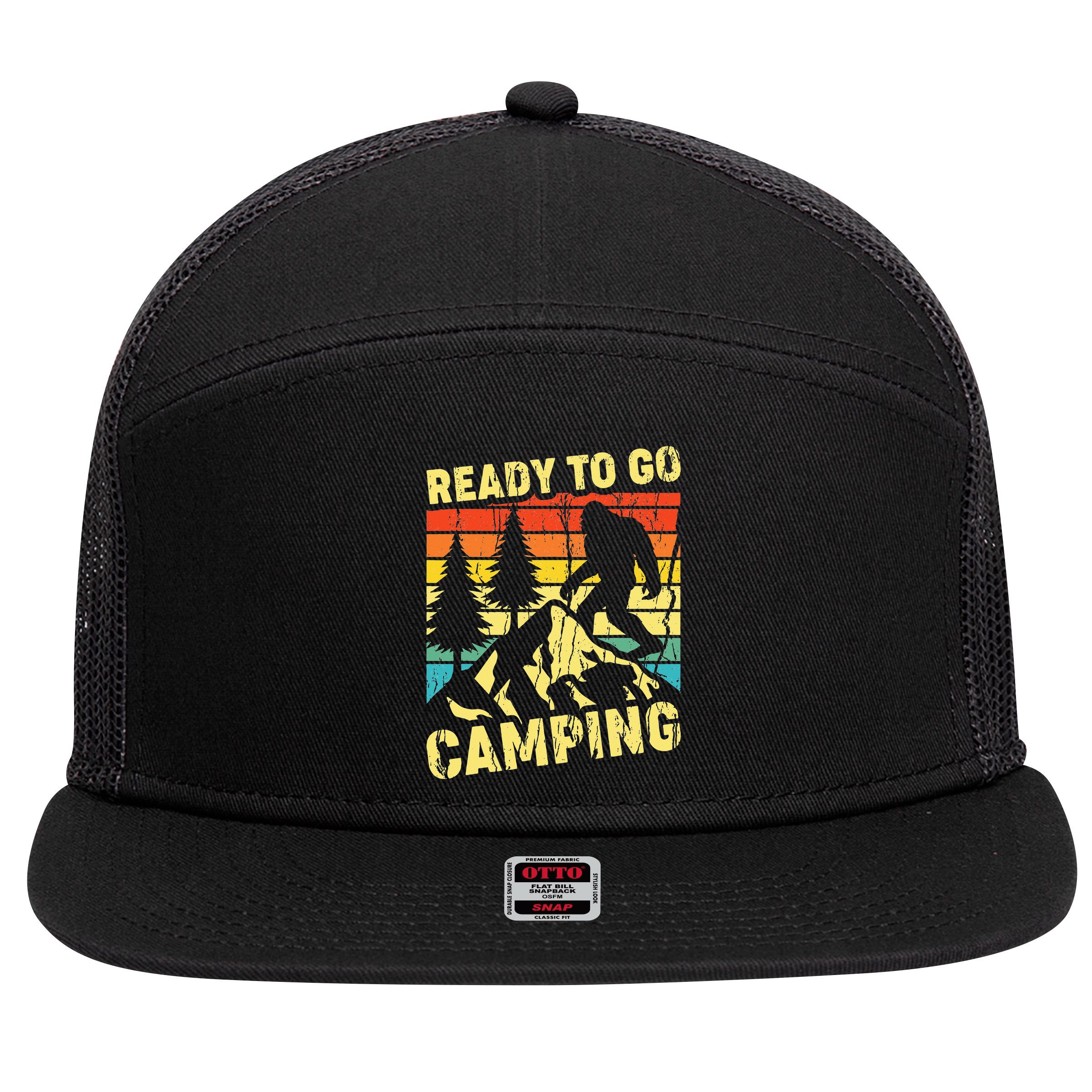 Funny Bigfoot Camping Ready To Go Camping 7 Panel Mesh Trucker Snapback Hat