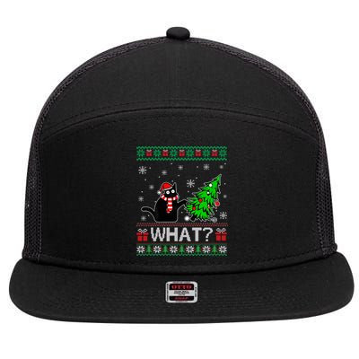 Funny Black Cat Gift Pushing Christmas Tree Over Cat What 7 Panel Mesh Trucker Snapback Hat