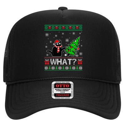 Funny Black Cat Gift Pushing Christmas Tree Over Cat What High Crown Mesh Back Trucker Hat