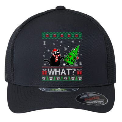 Funny Black Cat Gift Pushing Christmas Tree Over Cat What Flexfit Unipanel Trucker Cap