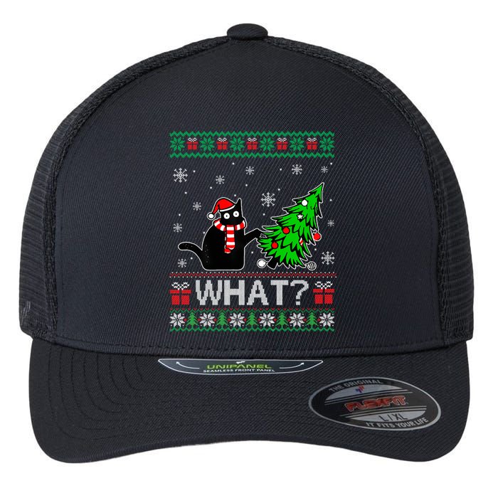 Funny Black Cat Gift Pushing Christmas Tree Over Cat What Flexfit Unipanel Trucker Cap