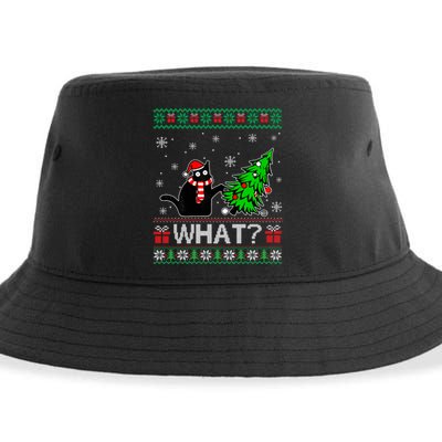 Funny Black Cat Gift Pushing Christmas Tree Over Cat What Sustainable Bucket Hat